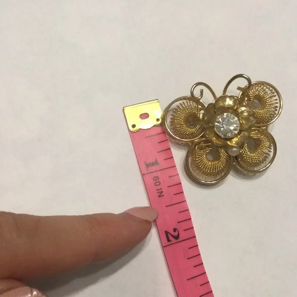 Vtg Butterfly‎ brooch wire pin gold gem rhinestone MCM fashion jewelry granola